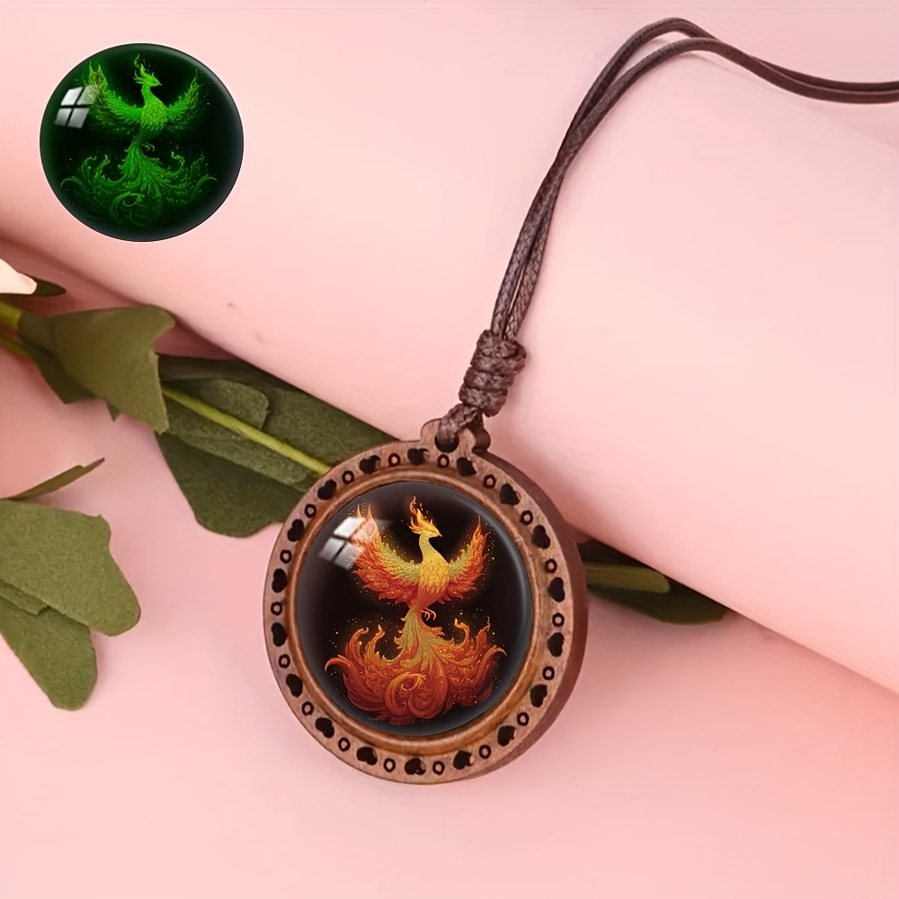 Glowing Fire Phoenix Wooden Pendant Necklace